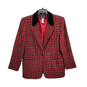 Vintage Sag Harbor wool blend boxy Tartan red plaid velvet collar Size 14